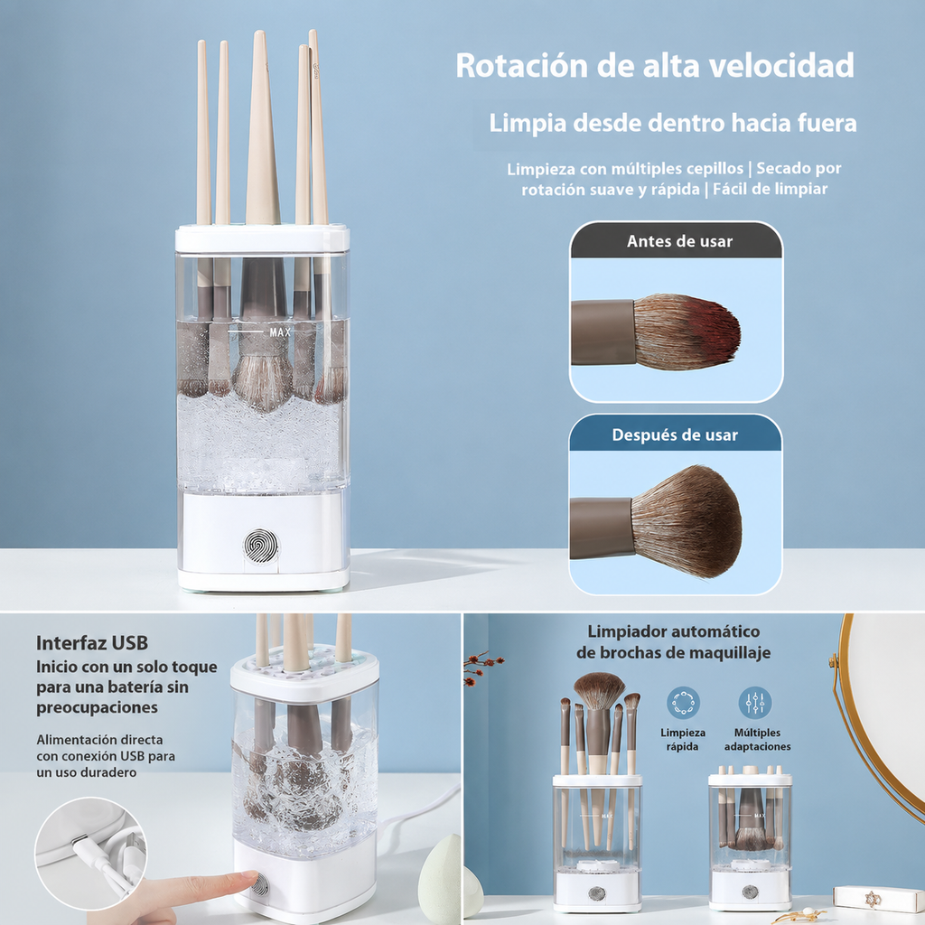 Limpiador Automático de Brochas de Maquillaje con Base Organizadora